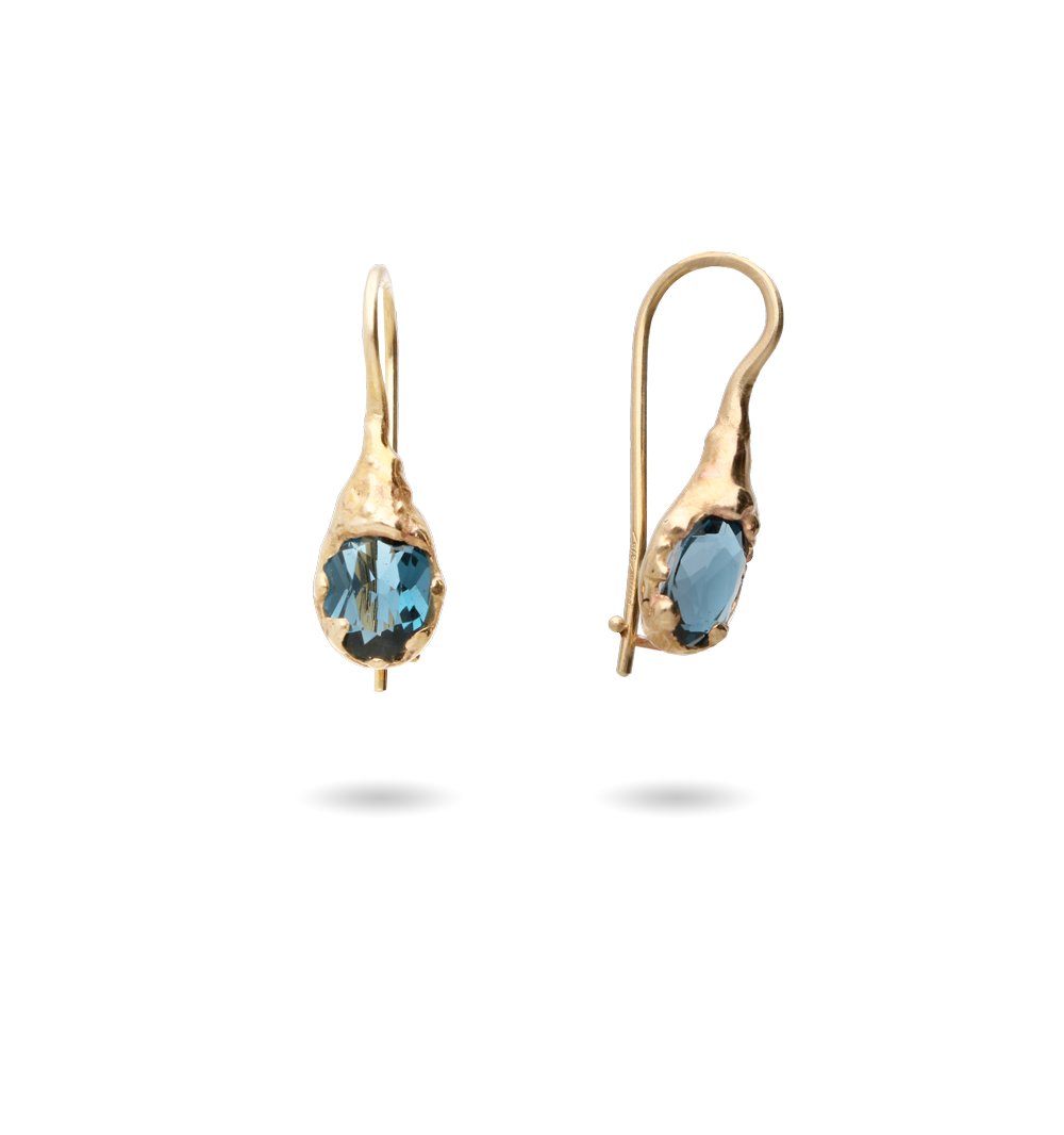 Orecchini Borchie Rotonde Oro Giallo 18K Con Topazio Blu Lago - Donna Gioielli Fatti A Mano - Foto 2
